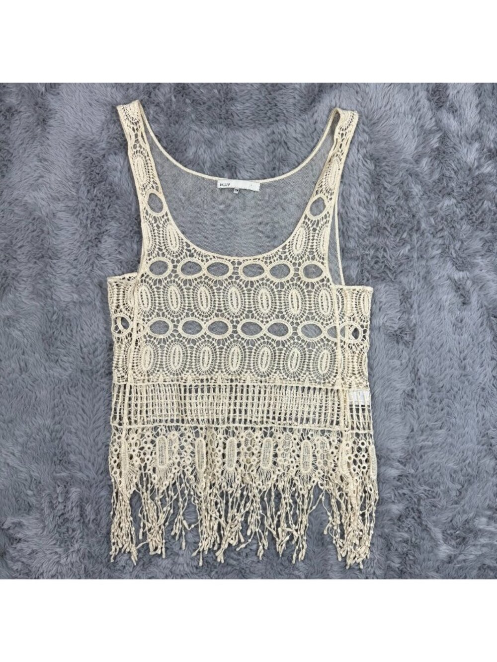 InLUV Tank Top Women's M Beige Cotton Sheer Eyelet Fringed Hem Bohemian Summer